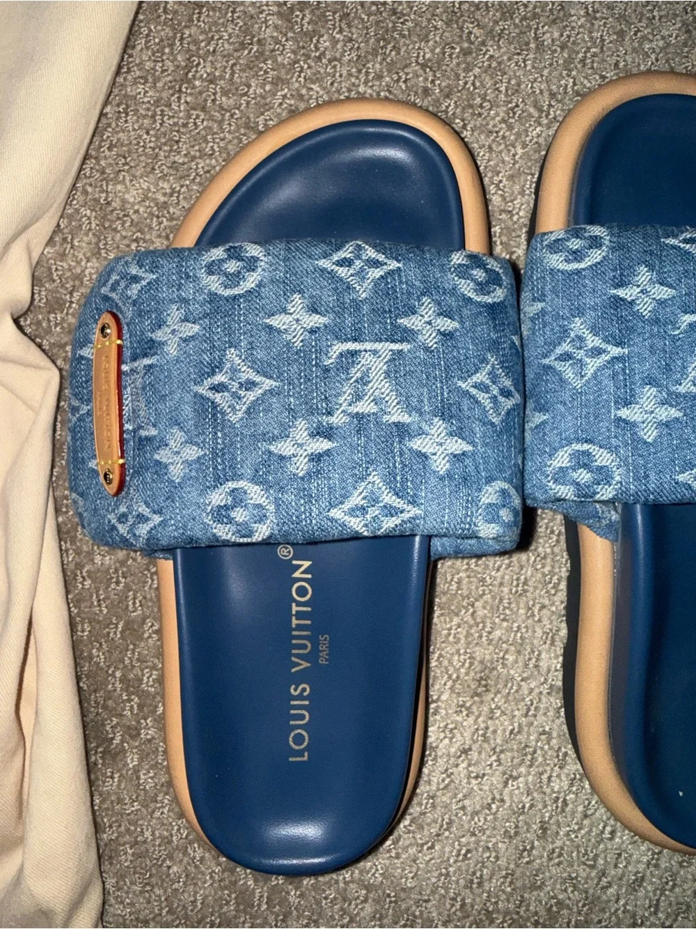 Louis Vuitton Denim Monogram Slide Sandals in Blue and Tan - Picture 4 of 4